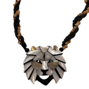 Vintage Mother Of Pearl Lion Pendant Beaded Statement Necklace Black Whi…